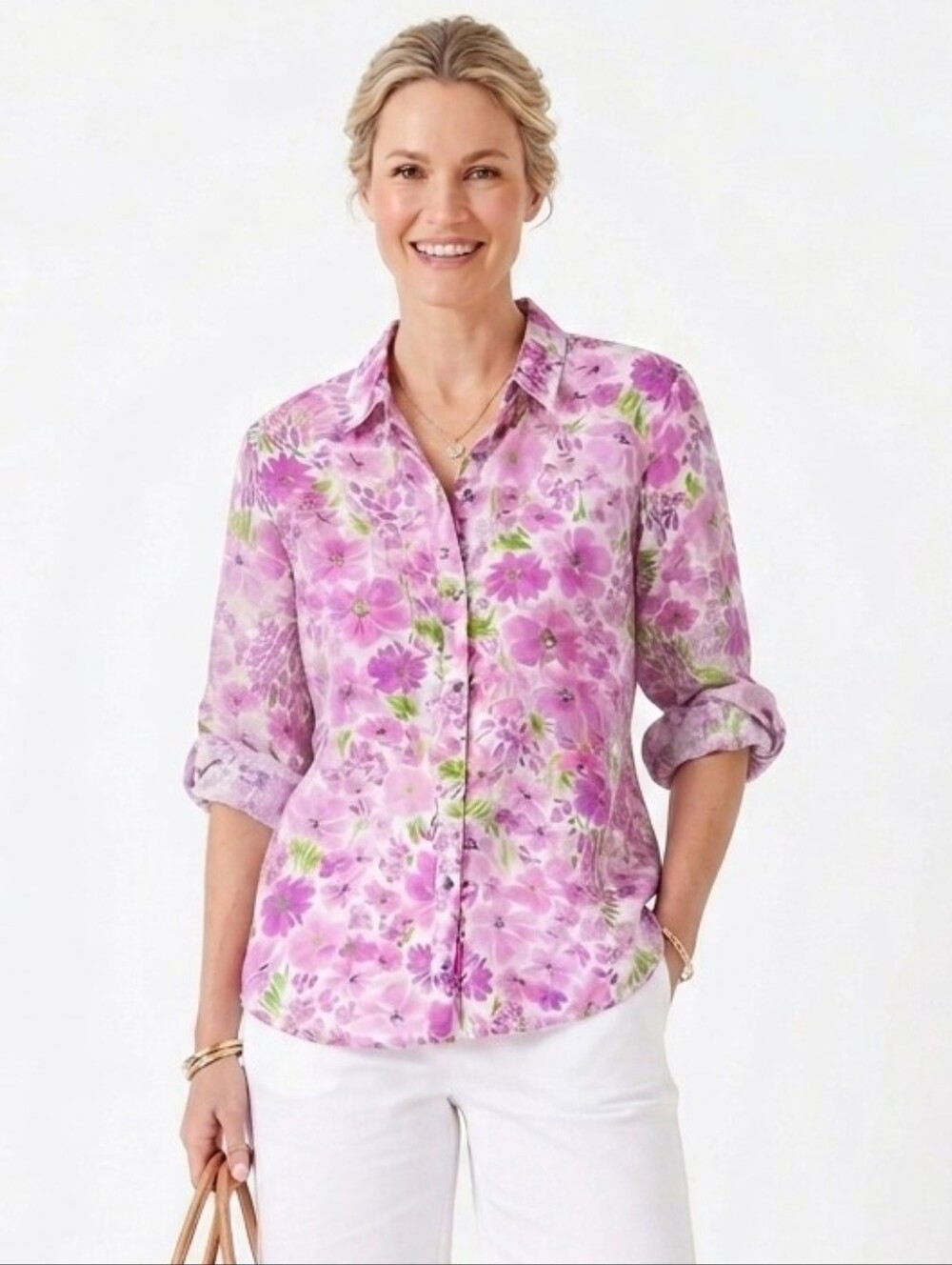 100% Linen Floral Button Down Shirt Pink Purple Long Sleeve Blouse Large